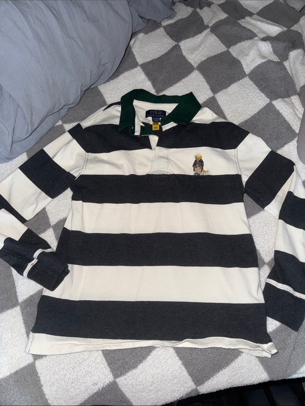 Polo by Ralph Lauren Black & White Striped Rugby with Green Collar- Youth Medium